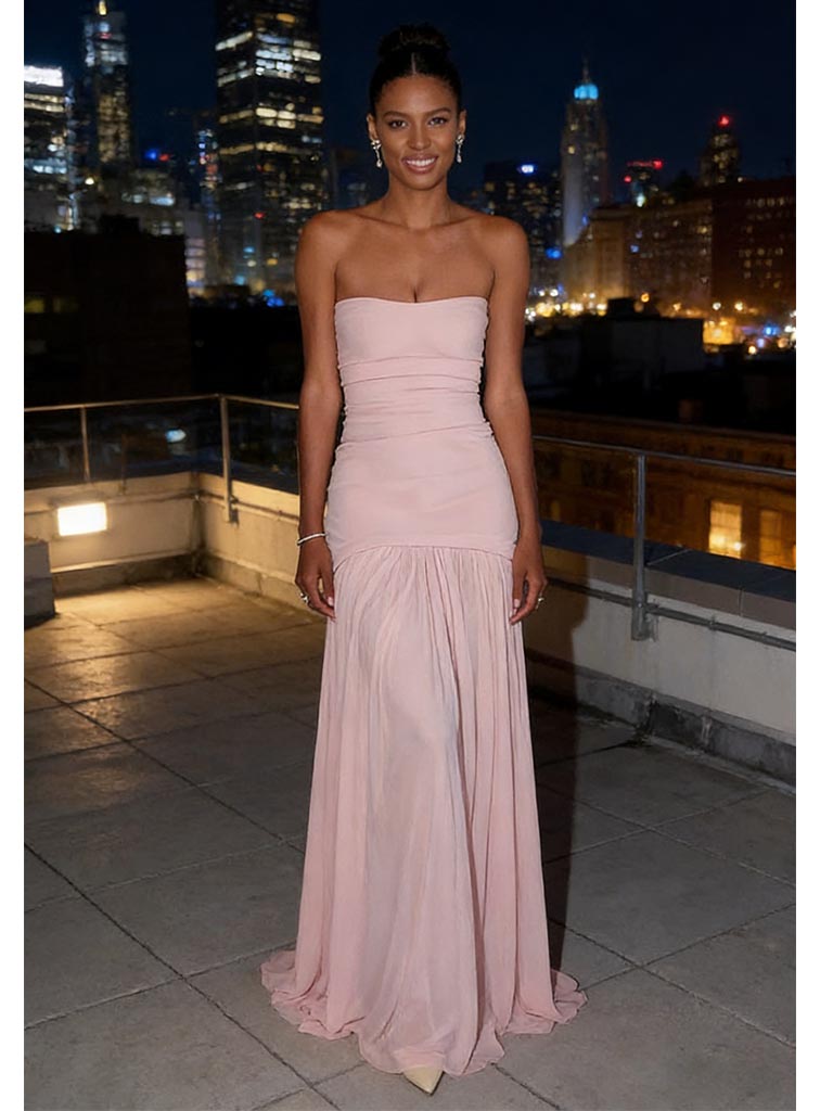 Flowy Blush Pink Chiffon Strapless Ruched Waist Formal Gown | Wedding & Evening Dress, PD4159