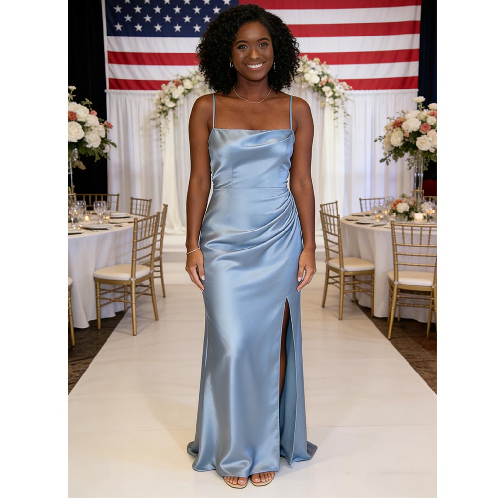 Sexy Dusty Blue Soft Satin Spaghetti Straps Mermaid Bridesmaid Dresses with High Slit, BD3447