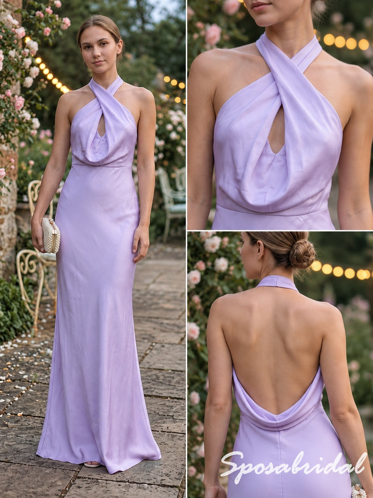 Lavender Satin Draped Halter Keyhole Floor Length Column Evening Gown, PD4296