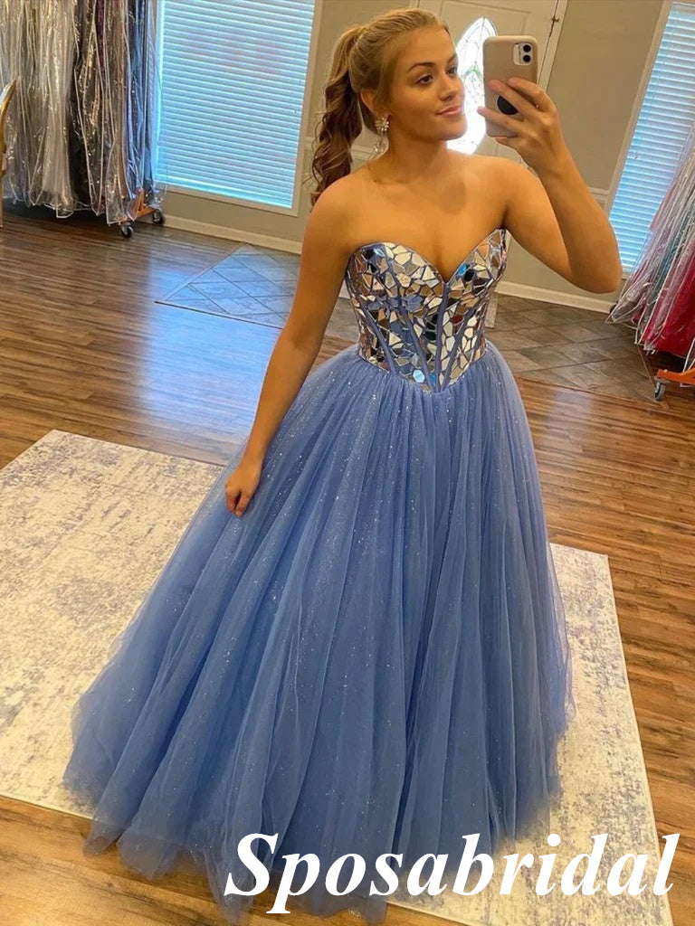 Sexy Dusty Blue Tulle Sweetheart V-Neck Sleeveless A-Line Long Prom Dresses With Beading, PD3817