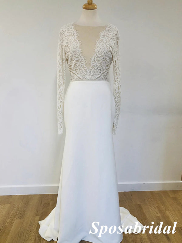 Elegant Lace and Chiffon Long Sleeves Open Back Mermaid Long Wedding Dresses, WD3104