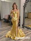 Sexy Gold Soft Satin Sweetheart V-Neck Side Slit Mermaid Long Prom Dresses, PD3783