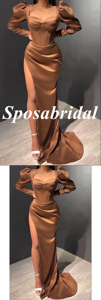 Elegant Brown Soft Satin Long Sleeves Side Slit Mermaid Long Prom Dresses, PD3797