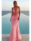 Elegant Pink Soft Satin Sheer Lace Waist Criss Cross Mermaid Maxi Dress for Prom & Formal Event, PD4176