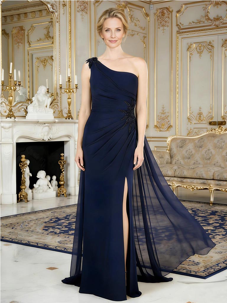 Elegant Chiffon One Shoulder Floor-Length Side Slit Mermaid Mother Of The Bride Dresses, SFM008