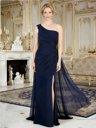 Elegant Chiffon One Shoulder Floor-Length Side Slit Mermaid Mother Of The Bride Dresses, SFM008