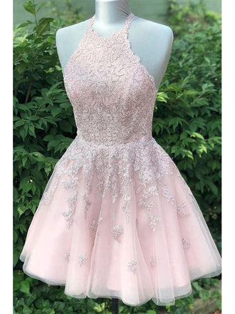 Sexy Tulle Halter A-Line Mini Dresses/ Homecoming Dresses With Lace, PD3587