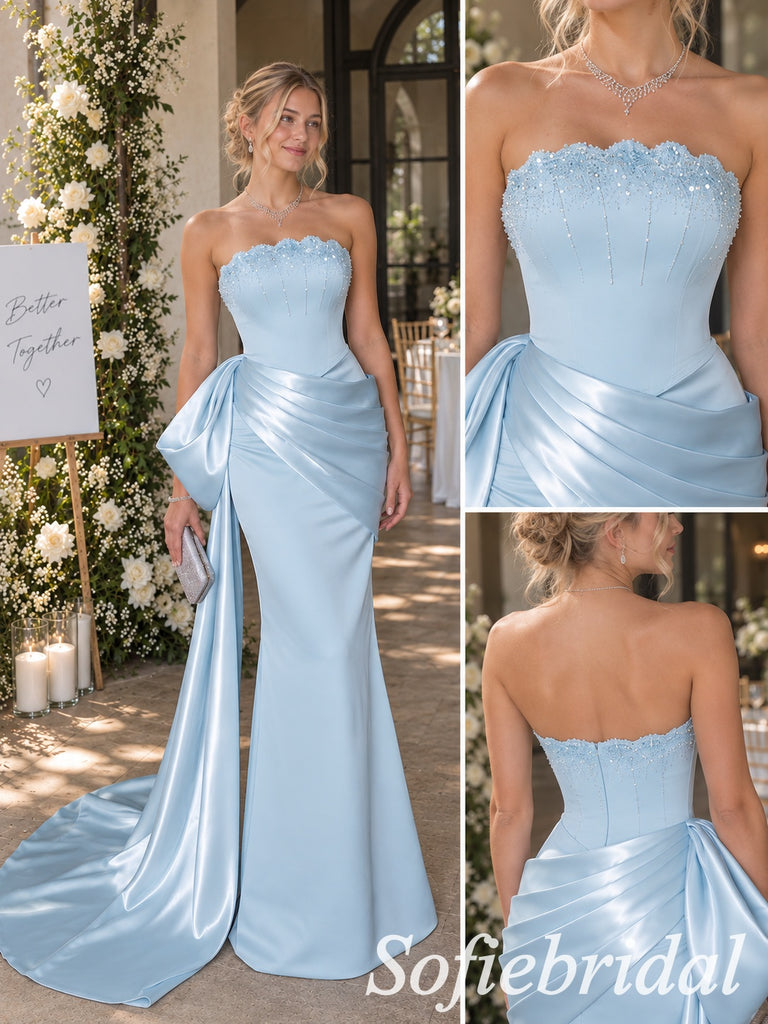 Elegant Sky Blue Satin Strapless Bridesmaid Gown With Beaded Bust And Draped Side Bow, PD4290