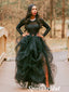 Elegant Black Tulle Long Sleeves Side Slit A-Line Floor Length Long Prom Dresses, PD3977