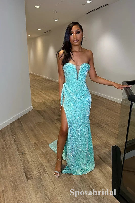 Sexy Sequin Sweetheart V-Neck Sleeveless Side Slit Mermaid Long Prom Dresses,PD3715