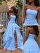 Light Blue Strapless Ruched Chiffon Evening Dress, Tiered Ruffle High Slit Floor Length A-Line Gown,PD4349
