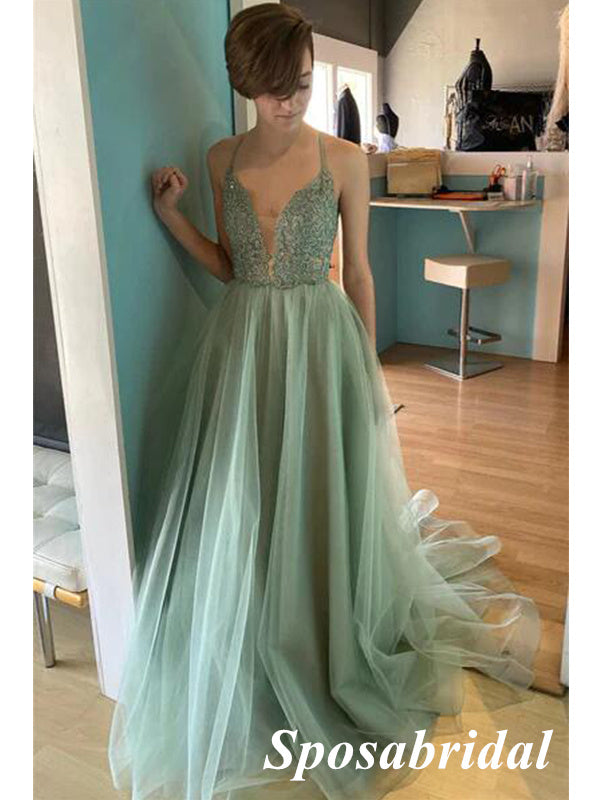 Sexy Sage Tulle And Lace Spaghetti Straps V-Neck A-Line Long Prom Dresses With Split, PD3828