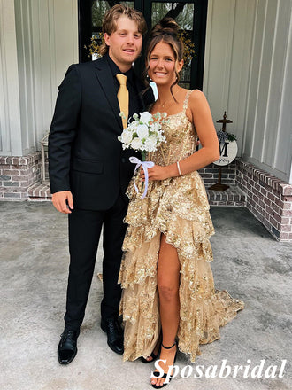 Shiny Gold Spaghetti Straps V-Neck Sleeveless A-Line Long Prom Dresses,PD3953