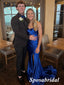 Sexy Soft Satin Royal-Blue Sweetheart V-Neck Sleeveless Side Slit Mermaid Long Prom Dresses, PD3932