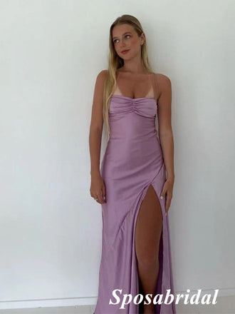 Sexy Soft Satin Spaghetti Straps Square Sleeveless Side Slit Mermaid Long Prom Dresses, PD3904