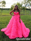 Newest Hot Pink Tulle Sweetheart V-Neck Sleeveless Side Slit A-Line Long Prom Dresses,PD3951