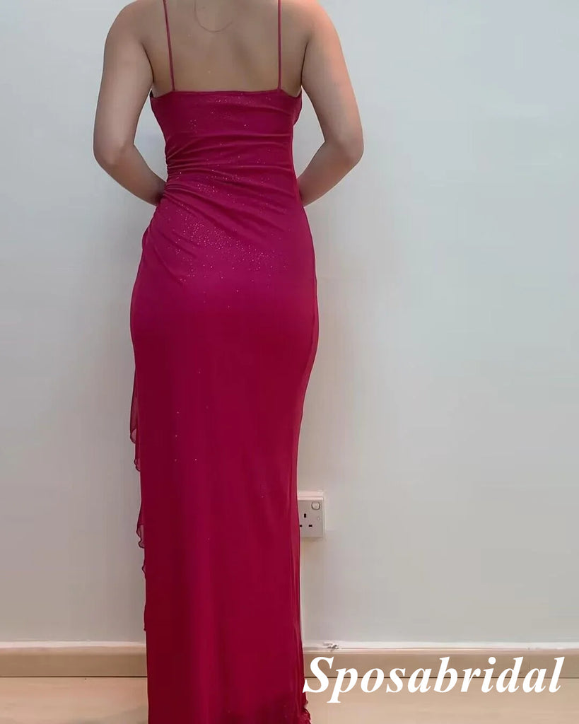 Elegant Chiffon Spaghetti Straps Sleeveless Mermaid Long Prom Dresses, PD3879