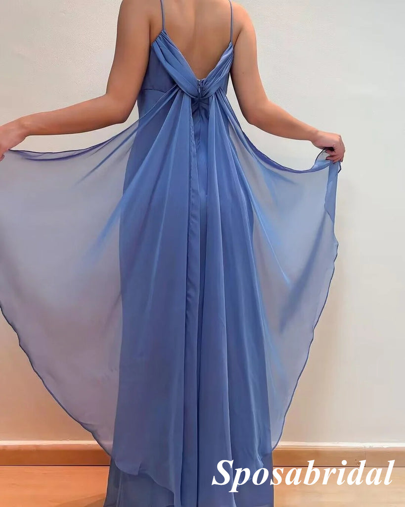 Elegant Chiffon Spaghetti Straps Sleeveless Mermaid Long Prom Dresses, PD3878