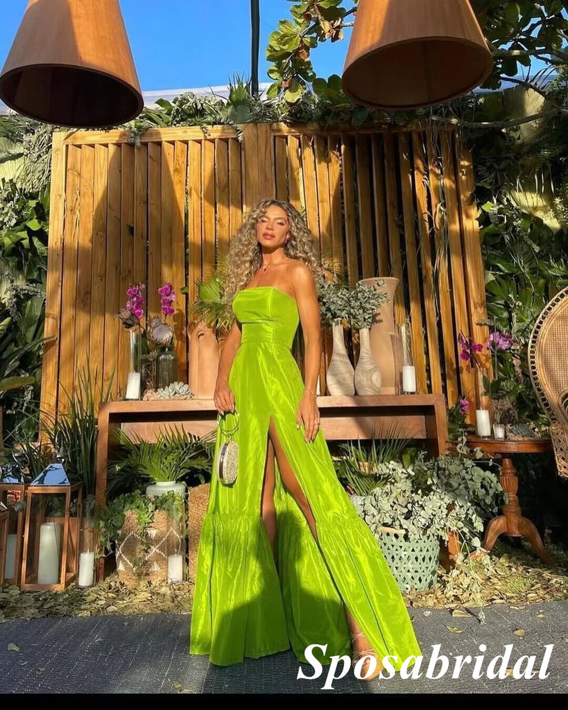 Sexy Lime Green Satin Sweetheart Sleeveless Side Slit A-Line Long Prom Dresses, PD3876