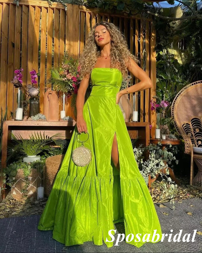 Sexy Lime Green Satin Sweetheart Sleeveless Side Slit A-Line Long Prom Dresses, PD3876