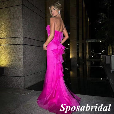 Sexy Fuchsia Pink Organza Sweetheart Sleeveless Mermaid Long Prom Dresses, PD3874