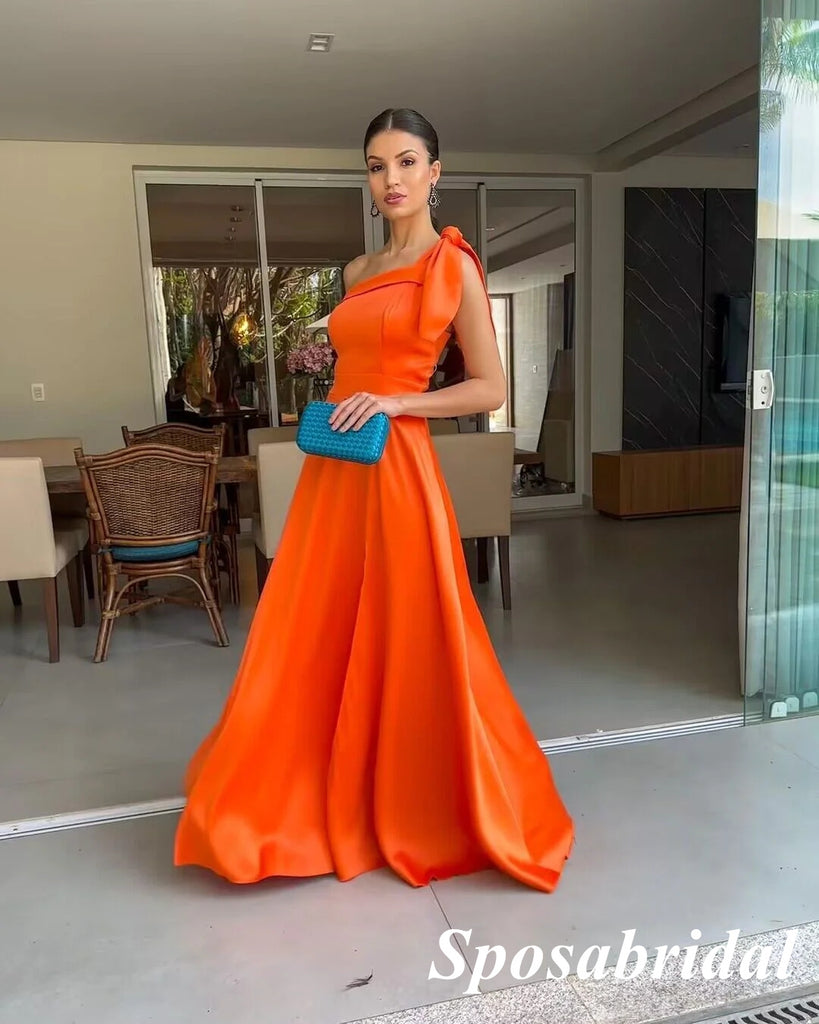 Sexy Orange Satin One Shoulder Sleeveless A-Line Long Prom Dresses, PD3877