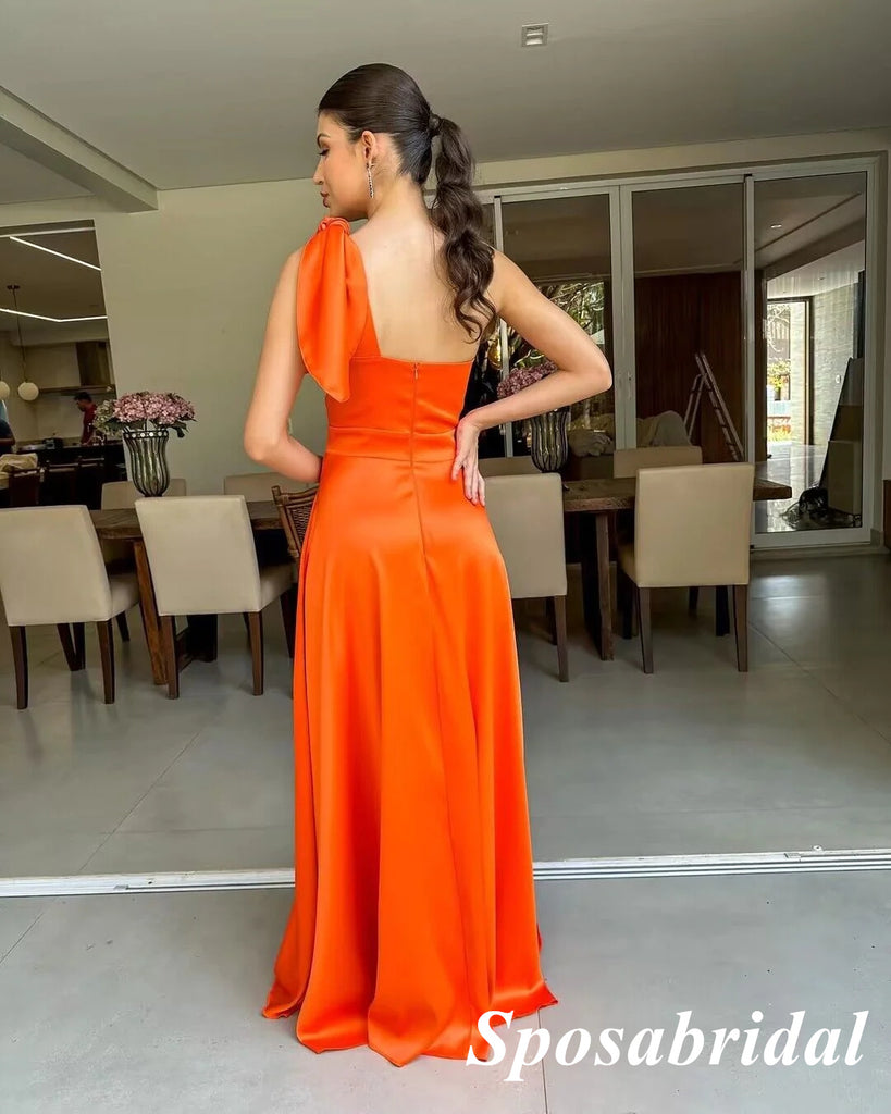 Sexy Orange Satin One Shoulder Sleeveless A-Line Long Prom Dresses, PD3877