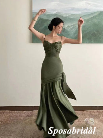 Sexy Satin Spaghetti Straps Sleeveless Mermaid Long Prom Dresses With Bow Tie, PD3906