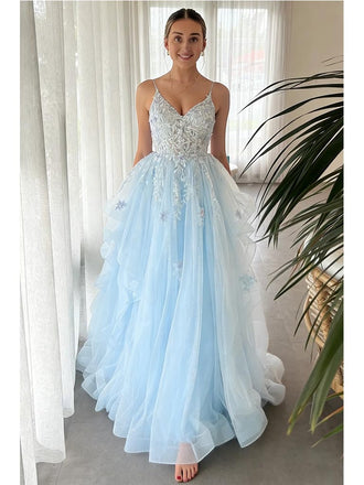 Sexy Tulle Spaghetti Straps V-Neck Sleeveless A-Line Floor Length Prom Dress With Appliques, PD4106