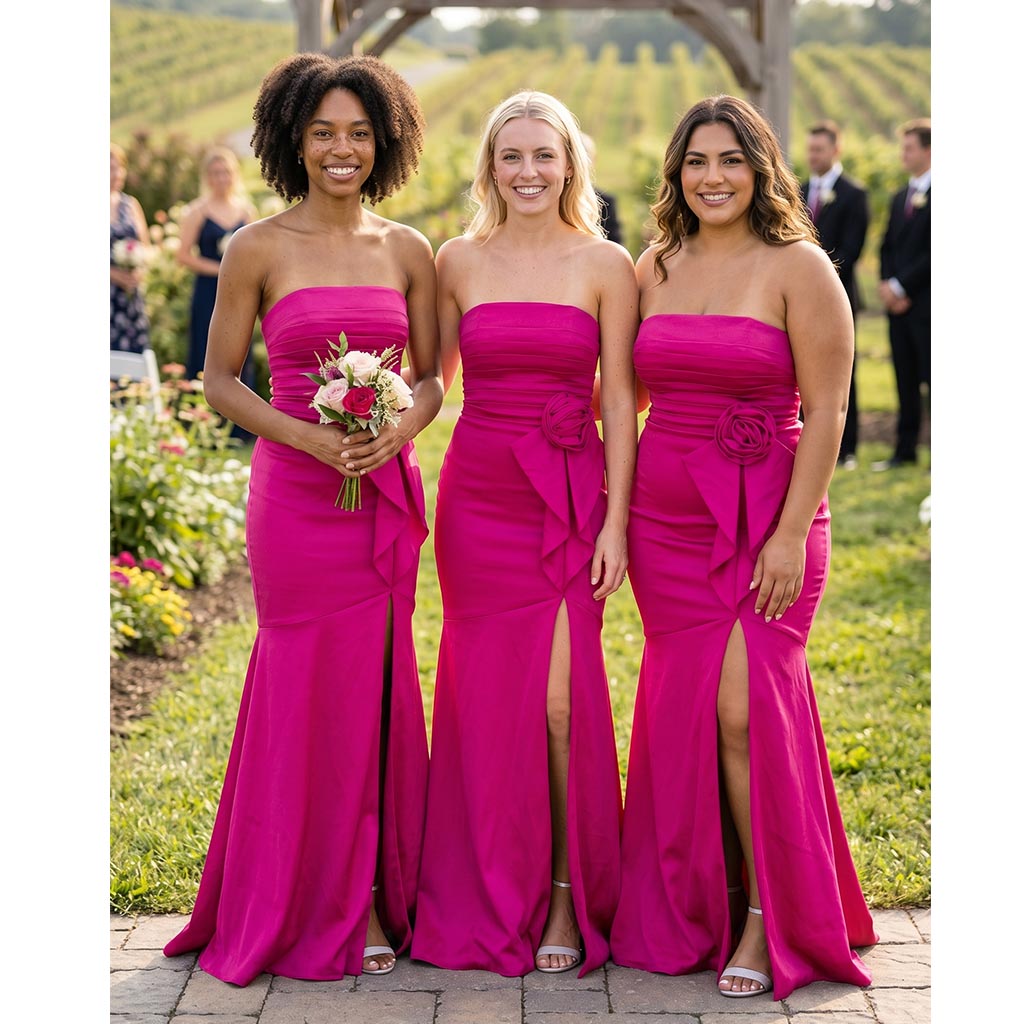 Hot Pink Satin Strapless Mermaid Bridesmaid Dress With Flower Detail, BD3471