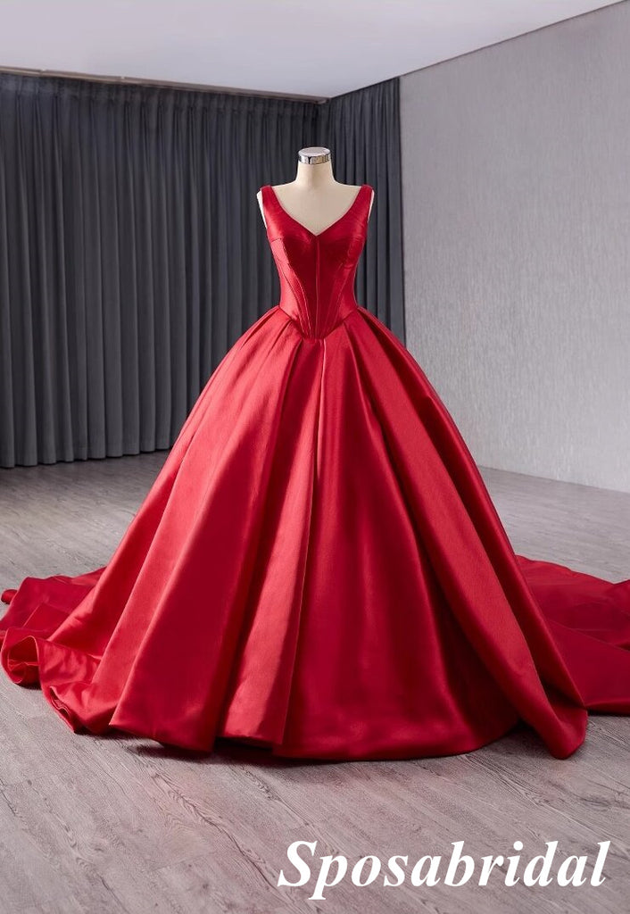 Elegant Red Satin Spaghetti Straps Sleeveless A-Line Ball Gown Long Prom Dress Formal Party Dress, PD3989