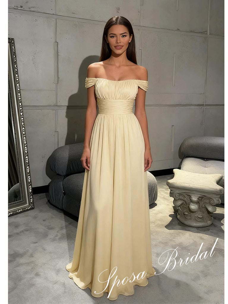 Sexy Off Shoulder Ruched Chiffon Sleeveless A-Line Prom Dress, PD4068