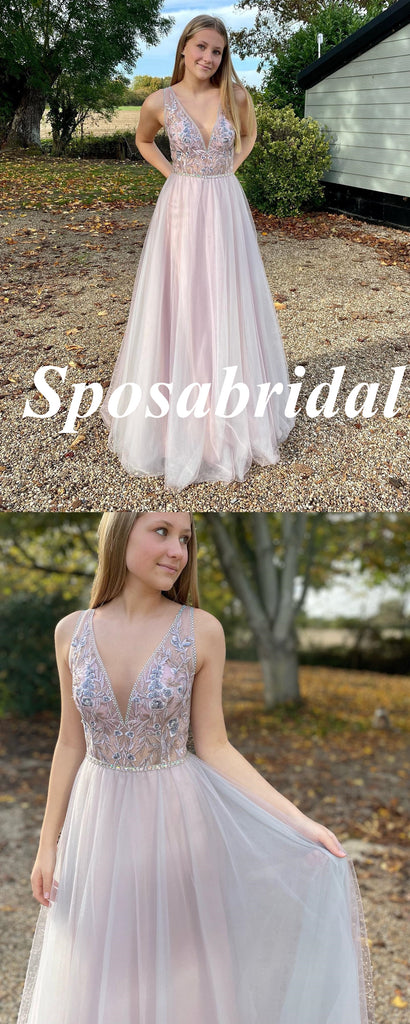 Sexy Tulle Spaghetti Straps V-Neck A-Line Long Prom Dresses With Appliques and Beading, PD3754