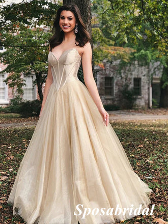 Sexy Champagne Gold Sweetheart V-Neck Sleeveless A-Line Long Prom Dresses , PD3816