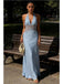 Light Blue Halter Neck Lace Sheer Evening Gown with Open Back and Button Detail, PD4149