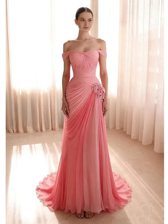 Gradient Pink Off Shoulder Pleated Floral Mermaid Prom Dress - Romantic Formal Evening Gown, PD4167