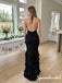 Black Floral Burnout Chiffon Ruffled Halter Keyhole Floor Length Mermaid Evening Gown, PD4292