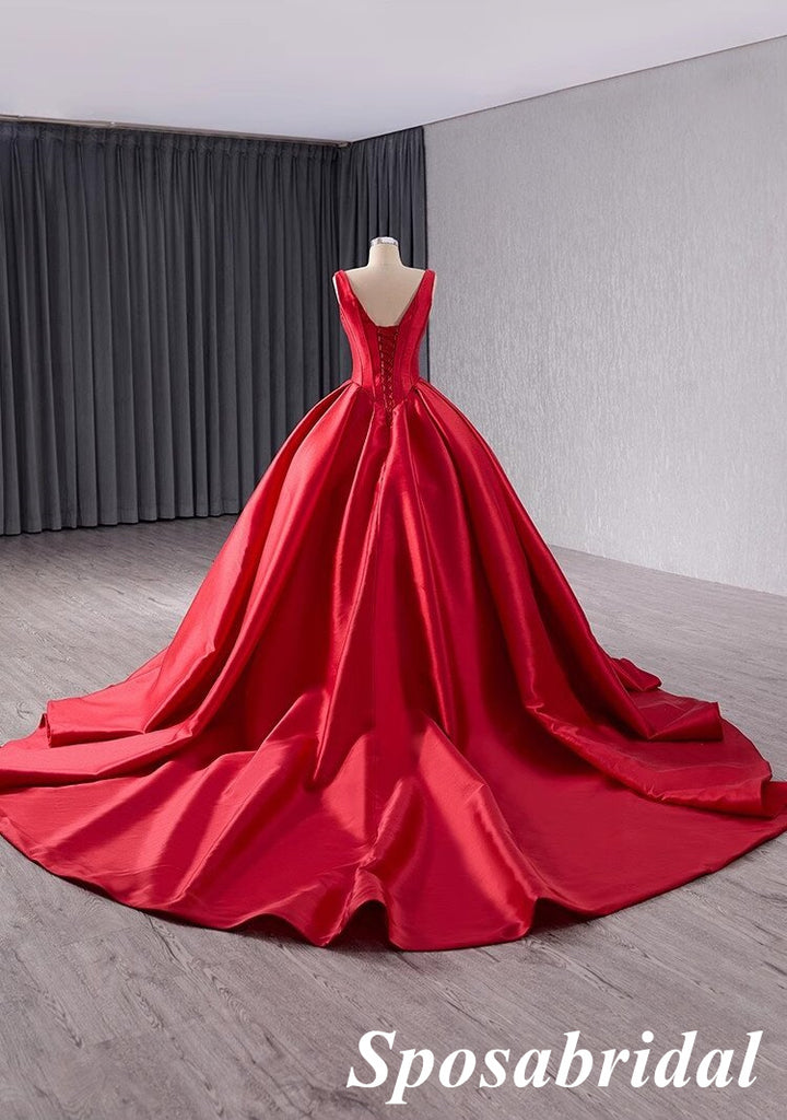 Elegant Red Satin Spaghetti Straps Sleeveless A-Line Ball Gown Long Prom Dress Formal Party Dress, PD3989