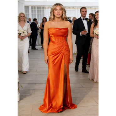 Sexy Orange Strapless Soft Satin Mermaid Bridesmaid Gown for Fall Wedding, BD3450