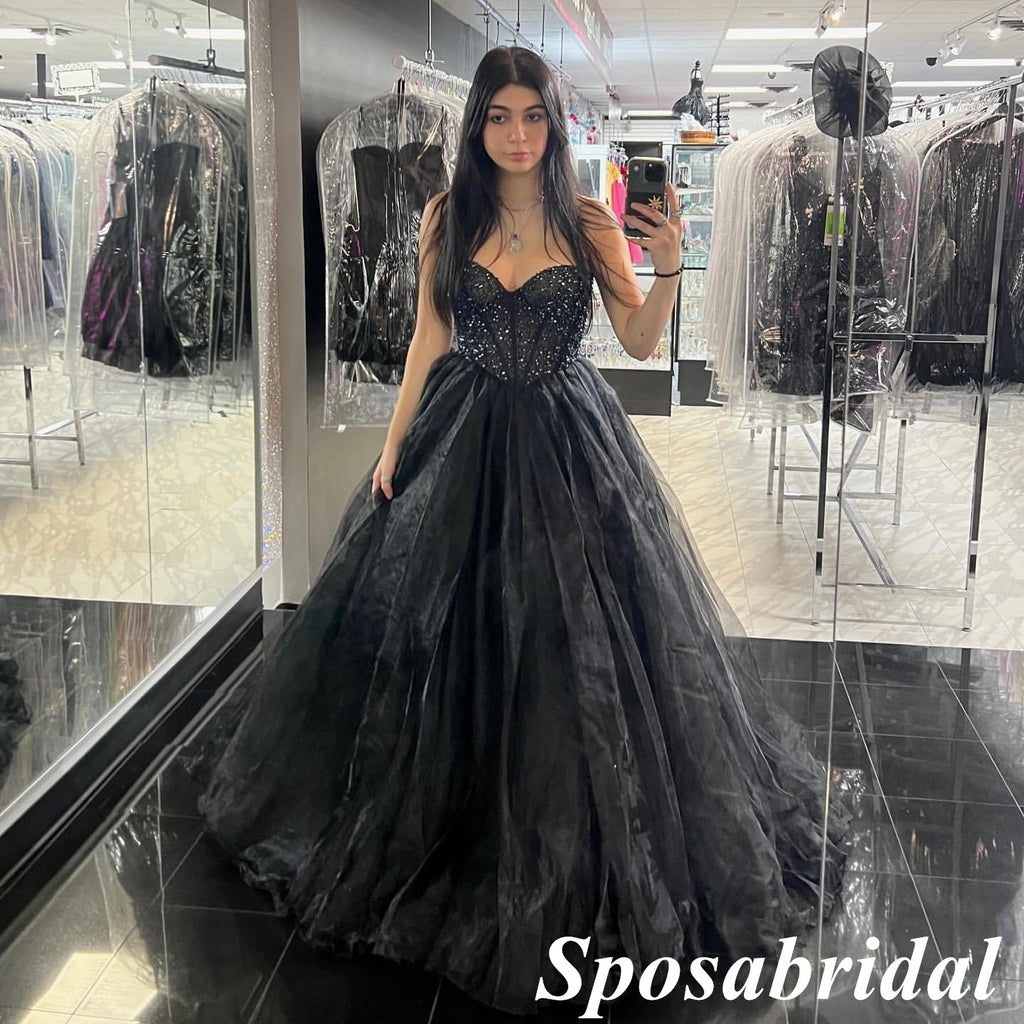 Sexy Black Sweetheart Sleeveless A-Line Long Prom Dresses With Beading, PD3947