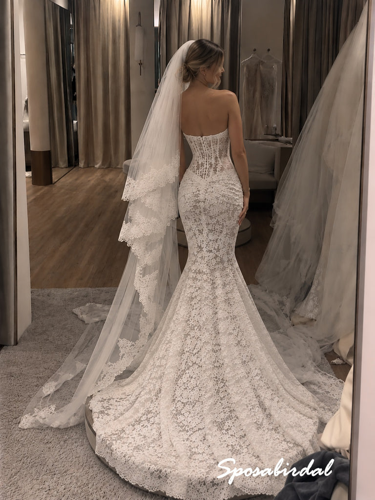 Strapless Lace Corset Mermaid Wedding Dress, Full Lace Fit and Flare Bridal Gown, WD3145