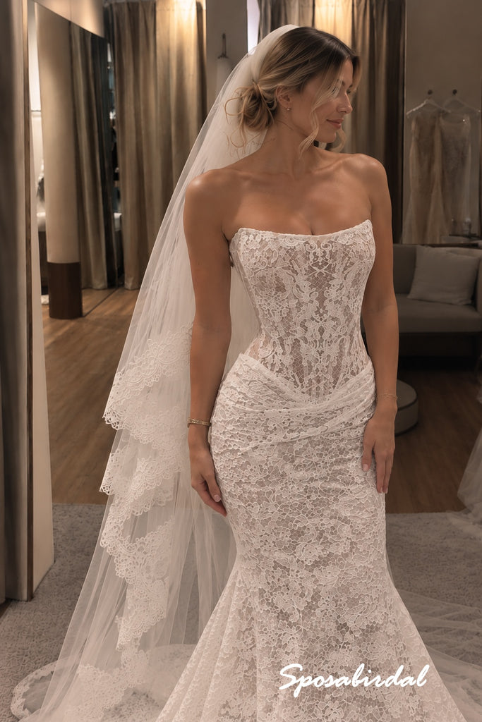 Strapless Lace Corset Mermaid Wedding Dress, Full Lace Fit and Flare Bridal Gown, WD3145