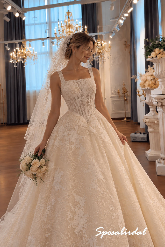 Square Neck Lace Corset Ballgown Wedding Dress, Thick Strap Allover Lace Bridal Gown, WD3146