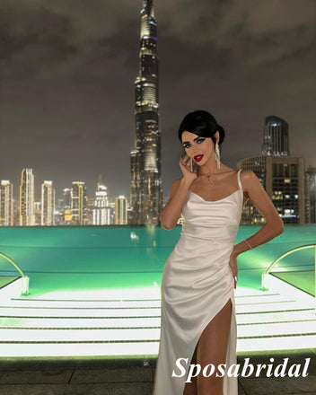 Sexy White Soft Satin Spaghetti Straps Sleeveless Side Slit Mermaid Long Prom Dresses, PD3922