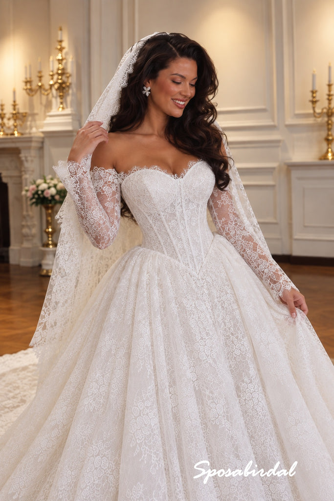 Off The Shoulder Long Sleeve Lace Corset Ballgown Wedding Dress, Sweetheart Lace Bridal Gown, WD3147