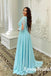 Elegant Chiffon Deep V-neck Long Sleeve Side Slit A-Line Long Prom Dresses, PD3806