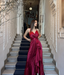 Sexy Elastic Satin Spaghetti Straps V-Neck A-Line Long Prom Dresses With Split, PD3774