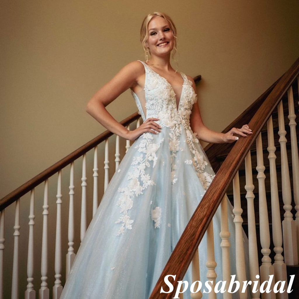 Elegant Tulle And Lace Spaghetti Straps V-Neck A-Line Long Prom Dresses With Applique, PD3857