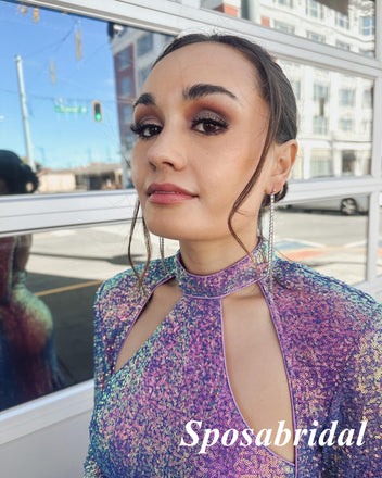 Sexy Sequin High Neck Long Sleeves Side Slit Mermaid Long Prom Dresses, PD3850