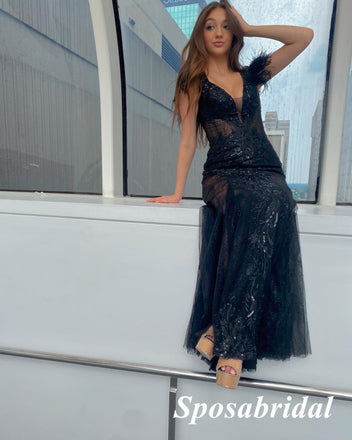 Shiny Black Sequin Lace Spaghetti Straps V-Neck Sleeveless Mermaid Long Prom Dresses, PD3928